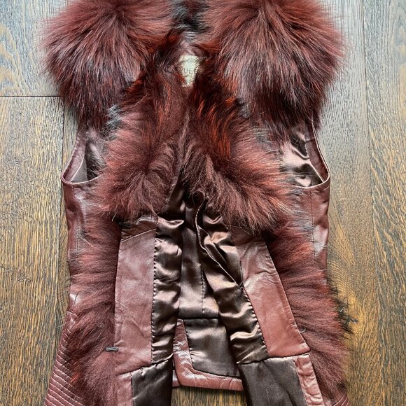 NWOT Burgundy Leather Vest Real Fox Fur XS size - Picture 8 of 16